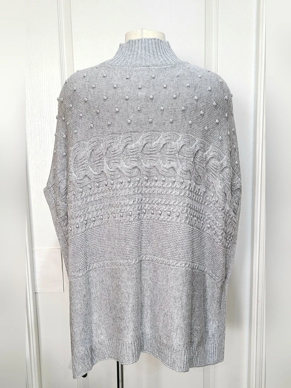 Talbots Cable Knit Mockneck Poncho Sweater Gray Bobble Popcorn Sz Small NWT